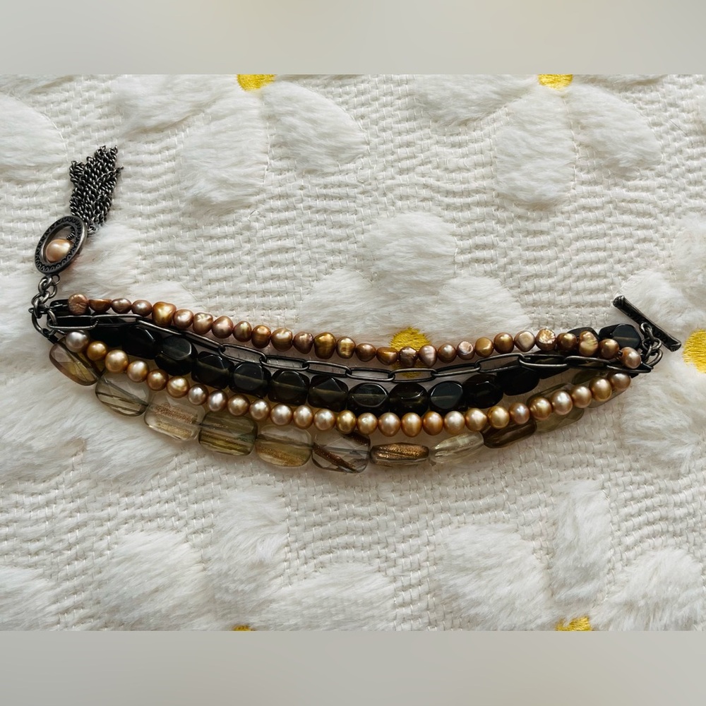 Retired Silpada Bracelet in Silver, Smoky Quartz, Sunstone and Freshwater Pearls